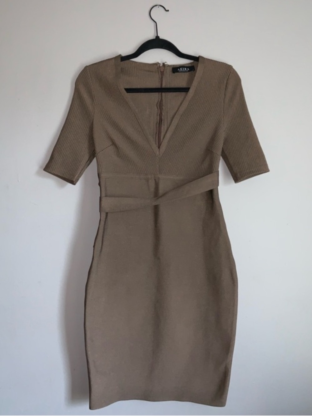 Akira Short-Sleeve V-Neck Belted Midi Dress - Taupe Crepe Knit